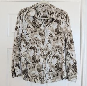 Elaine Rose Marbled Green and Brown satin button down shirt size Small